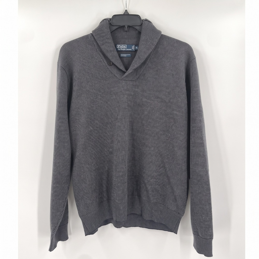 Polo Ralph Lauren Sweater Mens XL Grey Merino Wool Shawl Collar Preppy Vintage